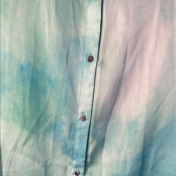 Beautiful ZARA Aqua and White Button-Up Blouse with Bell Sleeves - Picture 6 of 9
